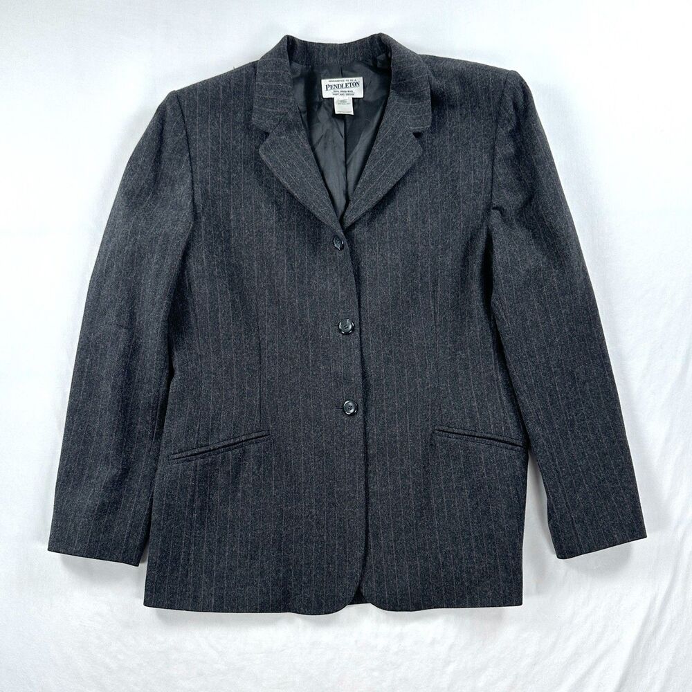 Pendleton Blazer Womens 14 Gray Striped 100% Virgin Wool Jacket 3 Button Pockets